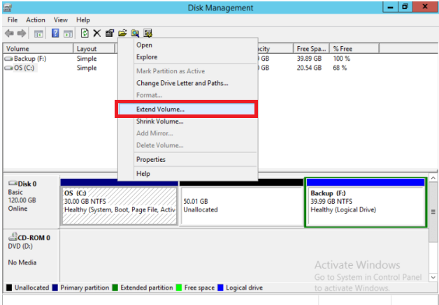 Extend partition Windows 2012