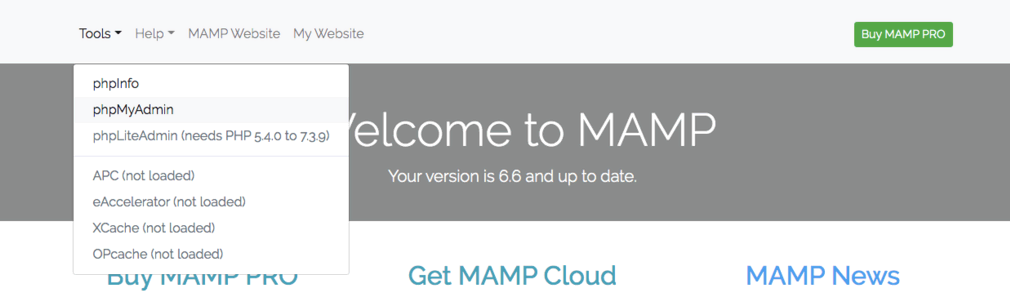 The locations of phpMyAdmin on your MAMP control panel.