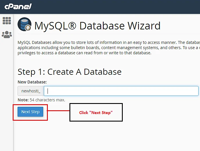 How To Install WordPress On VPS? 22 Write new database name MYSQL Database Wizard