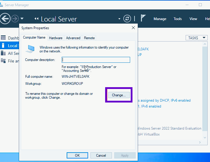 Rename computer option in server manager