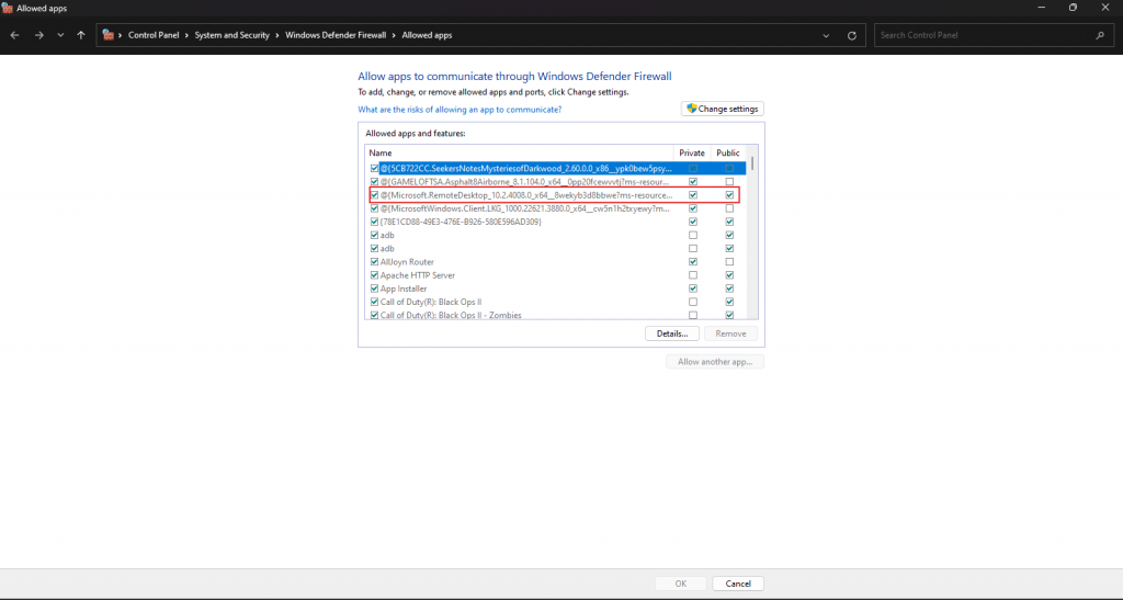 RDP Option in Windows Firewall