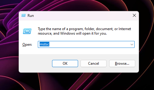 Write mstsc, after pressing Win + R