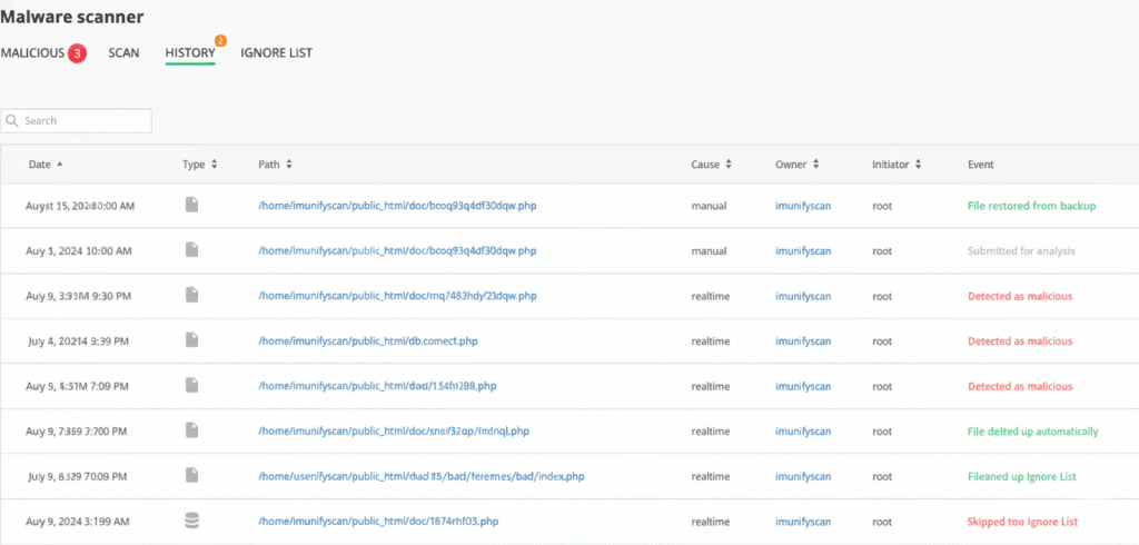 History tab under Malware scanner in Imunify360