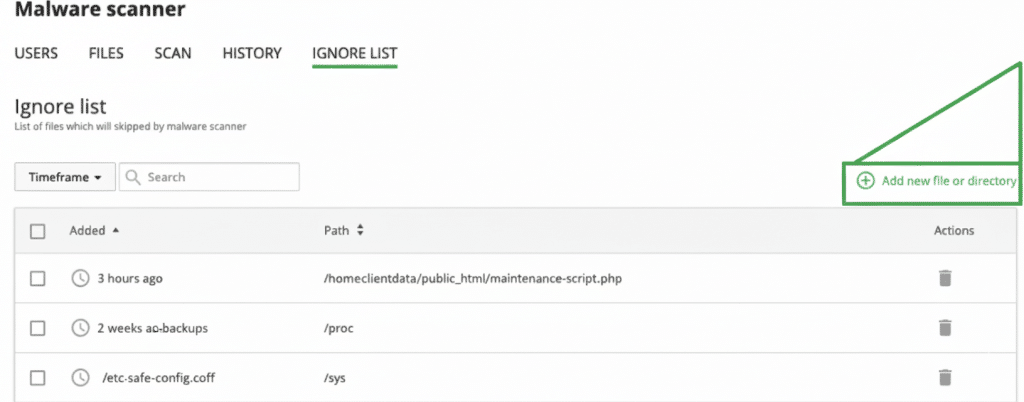 Adding a new file to the ignore list in Imunify360