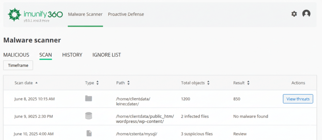 Scan tab under Malware scanner in Imunify360