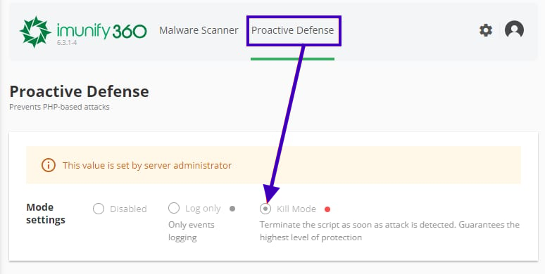 Kill Mode under the Proactive Defense tab in Imunify360