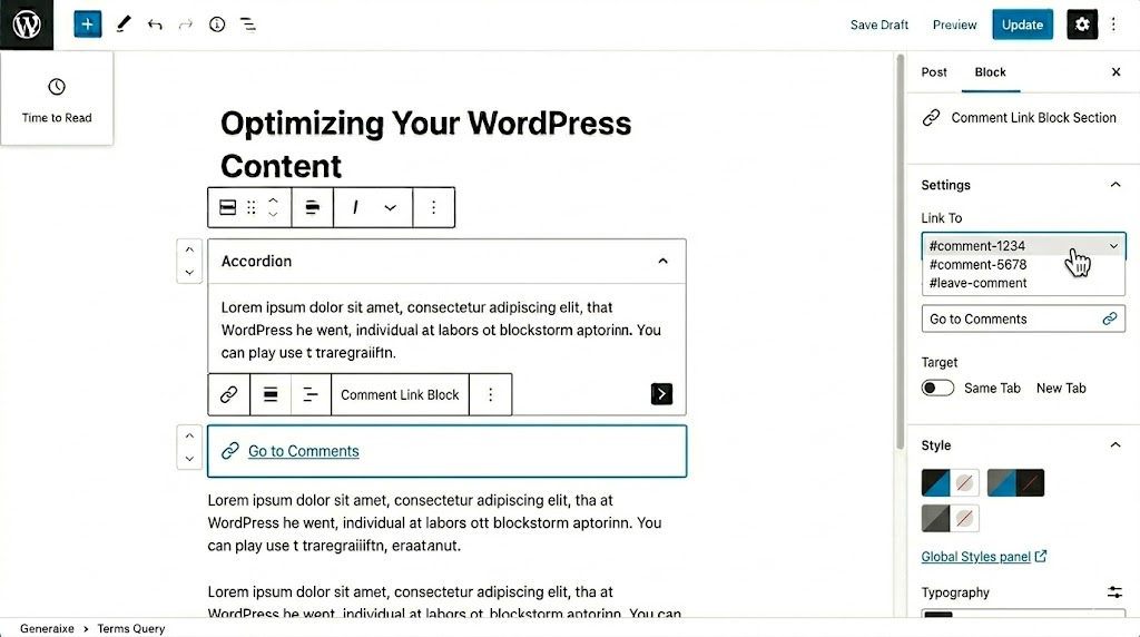 WordPress Comment Link Block Section