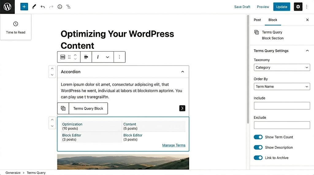 WordPress Terms Query Block Section